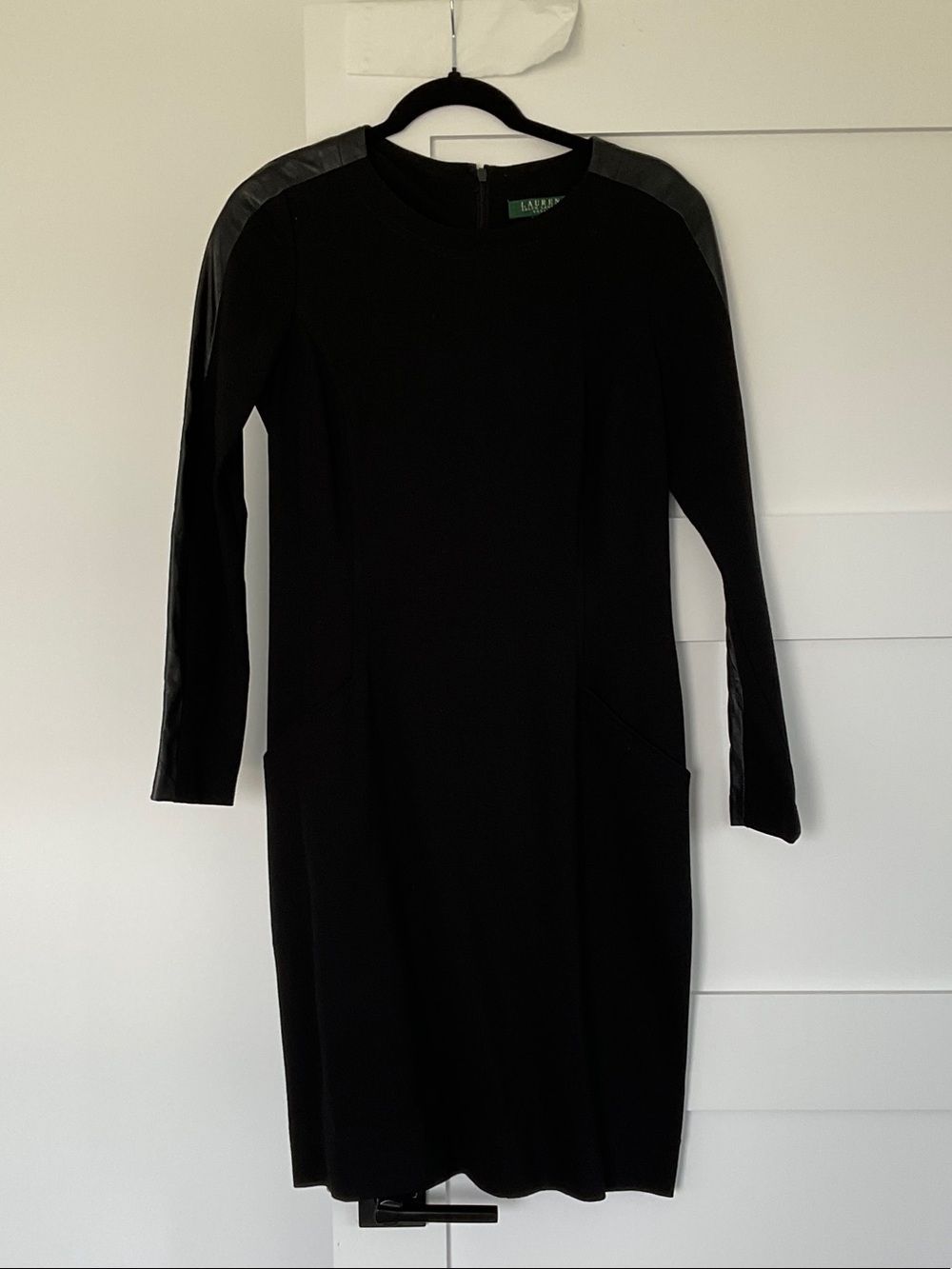 Lauren Ralph Lauren Black Long-Sleeve Sheath Dress with Leather-Trim